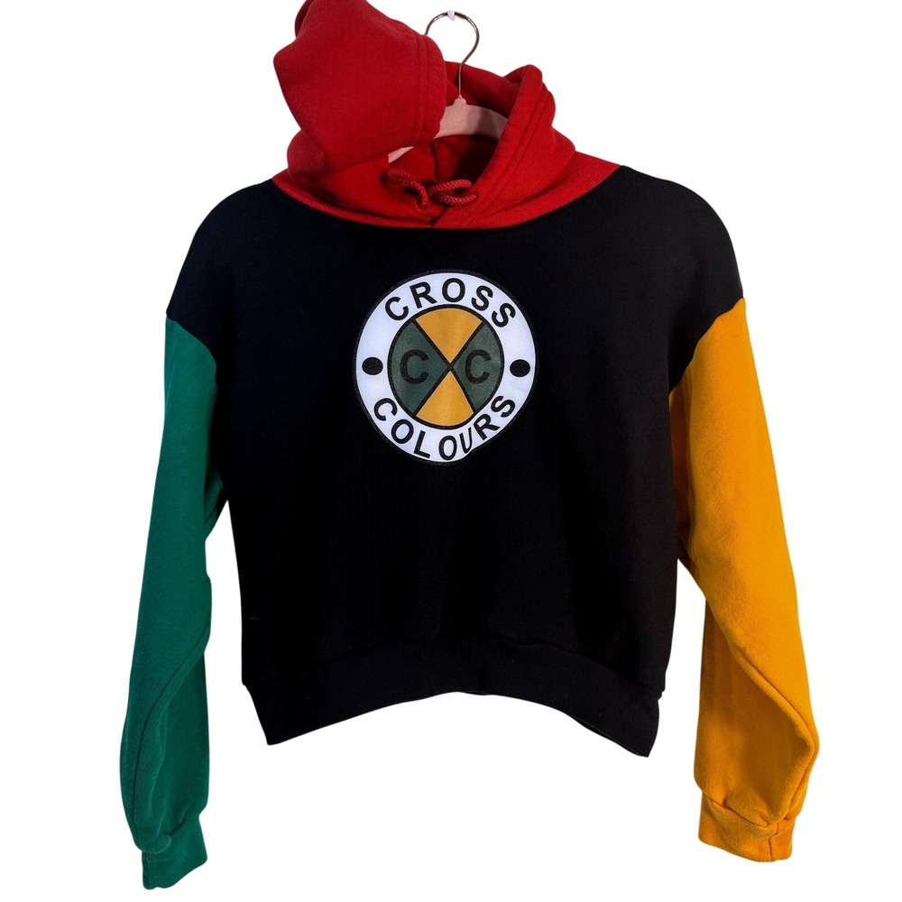 Vintage Cross Colours Women's Hip Hop Color-Block Crop Hoodie Sweatshirt Size XS